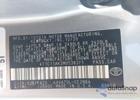2021 Toyota Camry Le z USA, uszkodzony, nr VIN 4T1C11AK2MU538371